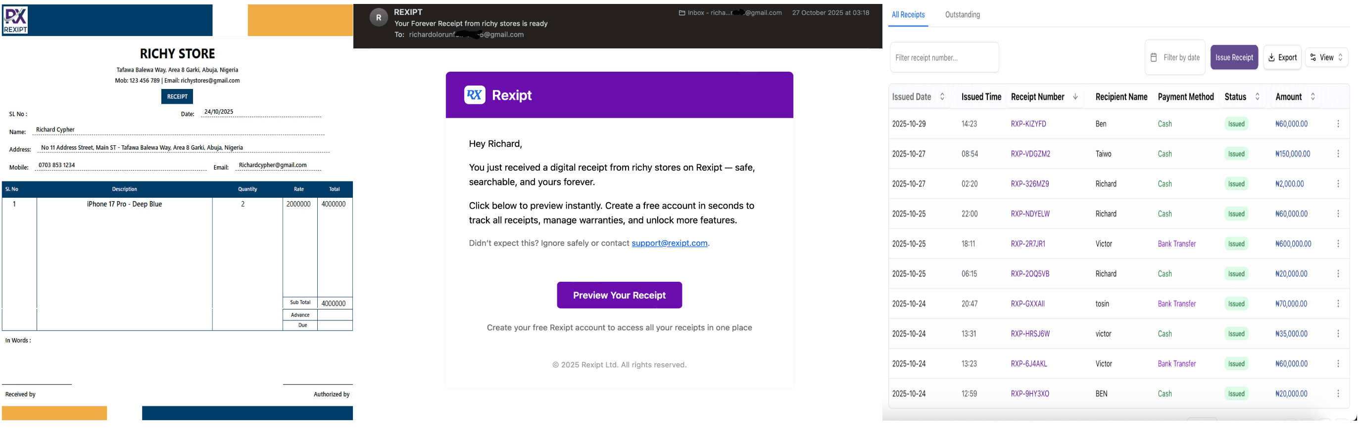 Receipt management interface showing payment receipts, forms, and event details